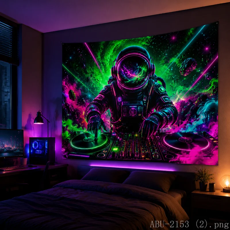 VIKAMA Astronaut DJ Tapestry Trippy Cosmic Style Wall Hanging Gaming Room Dorm Bedroom Live Stream Photo Backdrop Decor Cloth