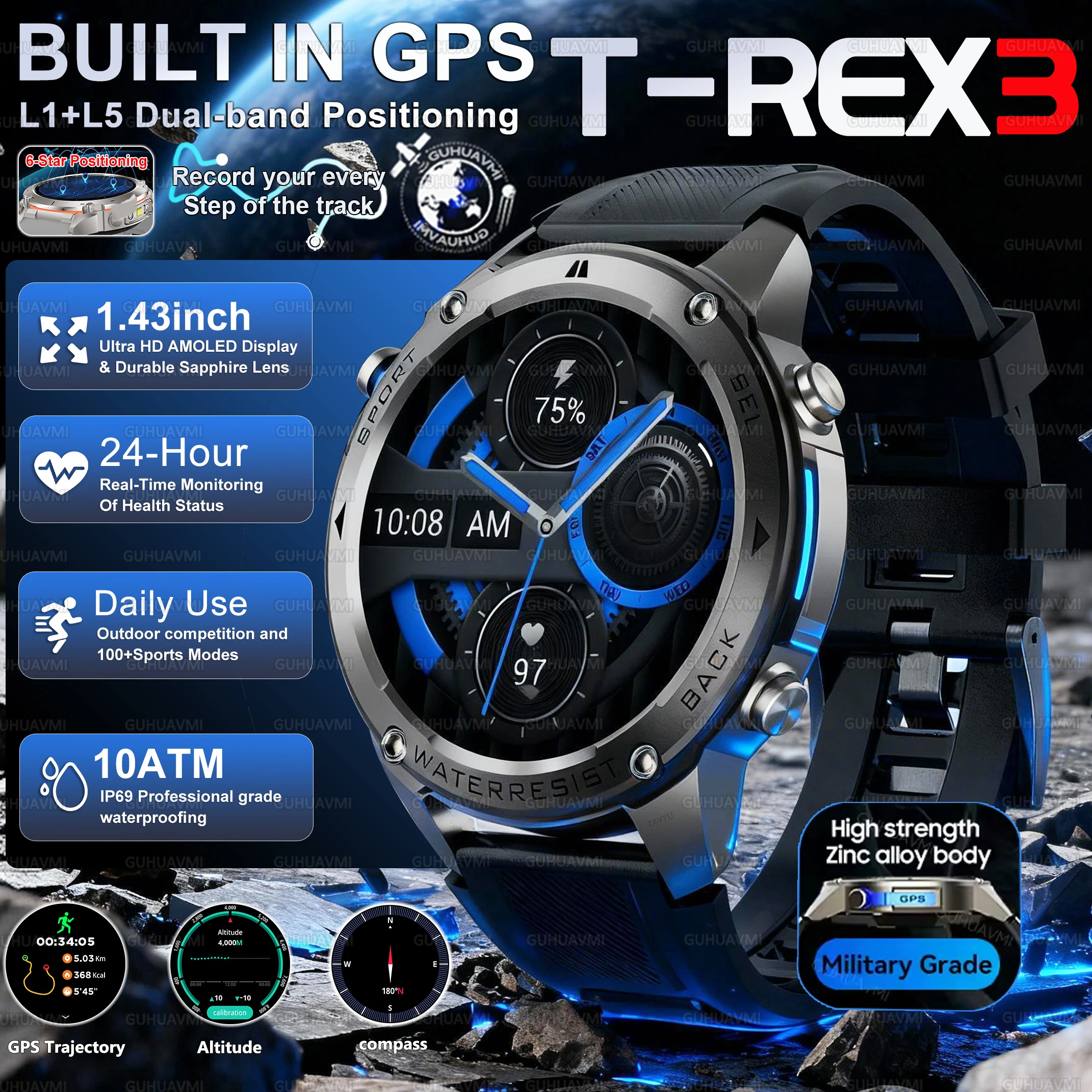 

2026 New Military Outdoor T-Rex3 GPS Trace Adult Smart Watch Altimeter 10ATM Waterproof Call Men Heart rate Sports Smart watch