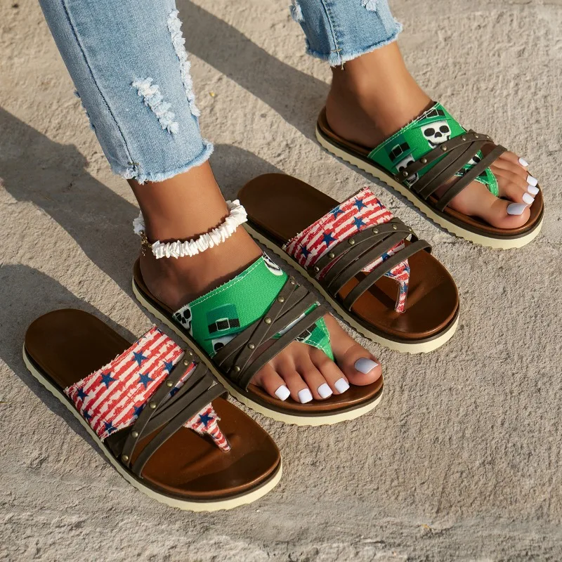 

2025 New Women's Shoes New Promotion Flip-Toe Women's Slippers Summer Roman Mixed Color Outdoor Leisure Beach Flat Slippers