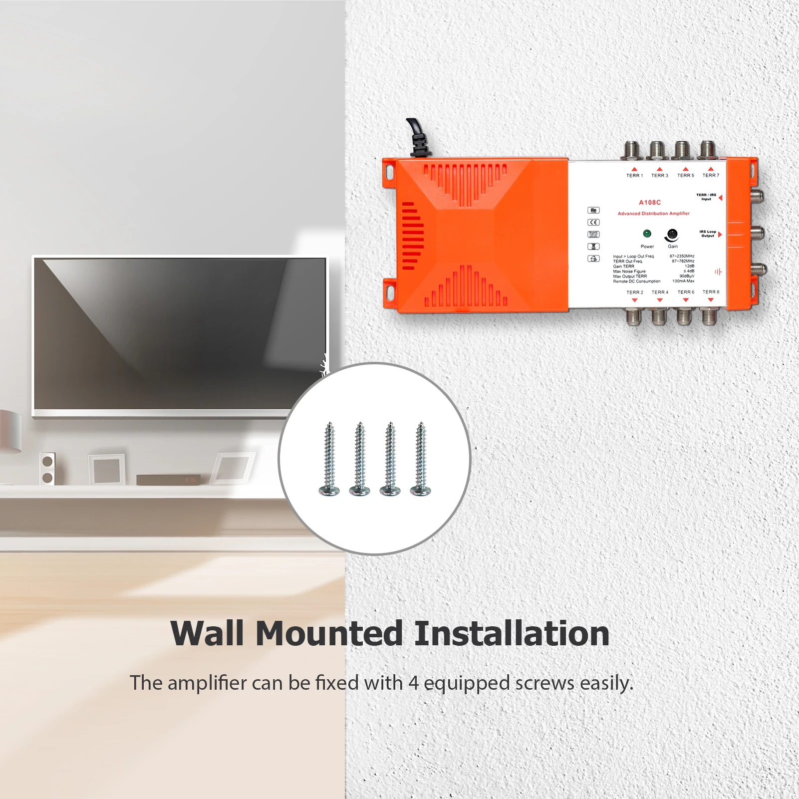 Professional 8 Way Distribution Amplifier with IRS Loop-through Terrestrial TV and Radio Distribution Amplifier 87-2350MHz