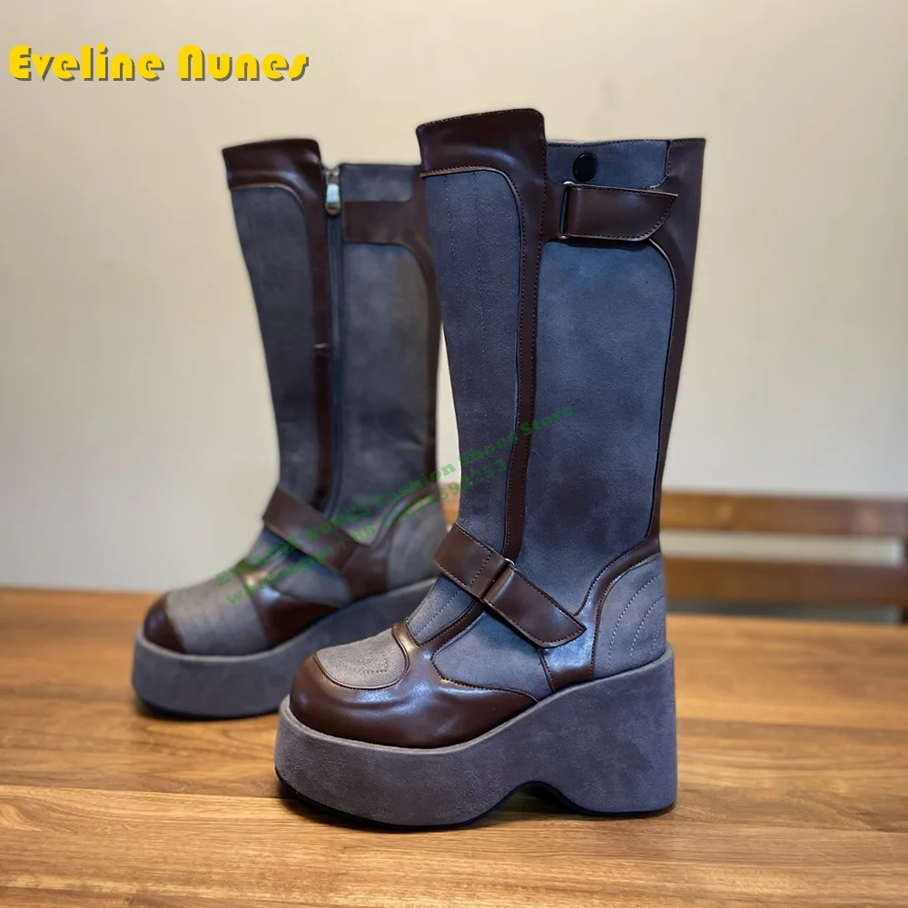 

Hook and Loop Retro Platform Knee High Boots Round Toe Wedges Height Increasing Street Wasteland Style Booties 2024 Winter Trend