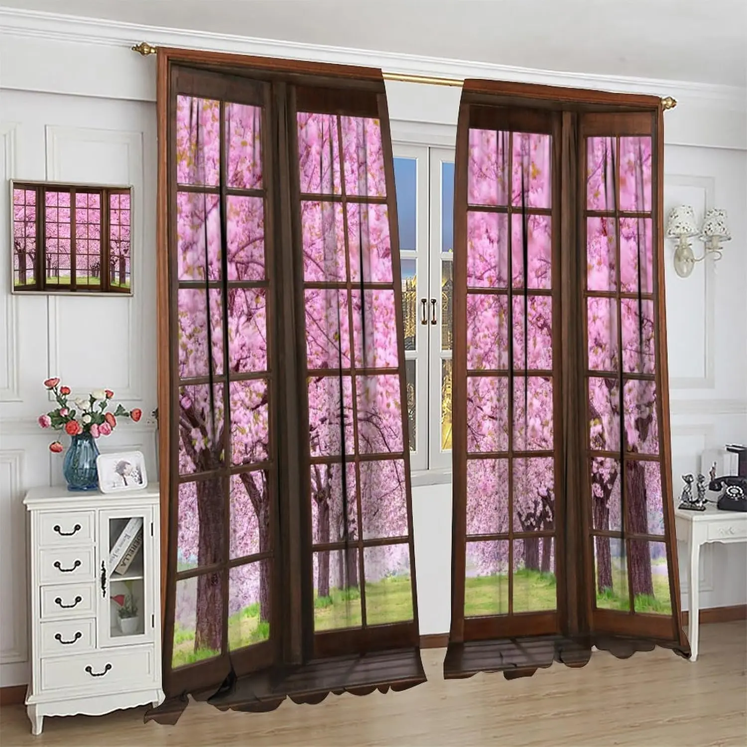 Cherry Blossom Landscape Curtains, Spring Natural Park Scenery Japanese Pink Pink Blossom Window Drapes Curtains for Farmhouse