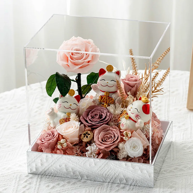 

Eternal life, roses, lucky cat, acrylic, square box, finished product, high-end sense