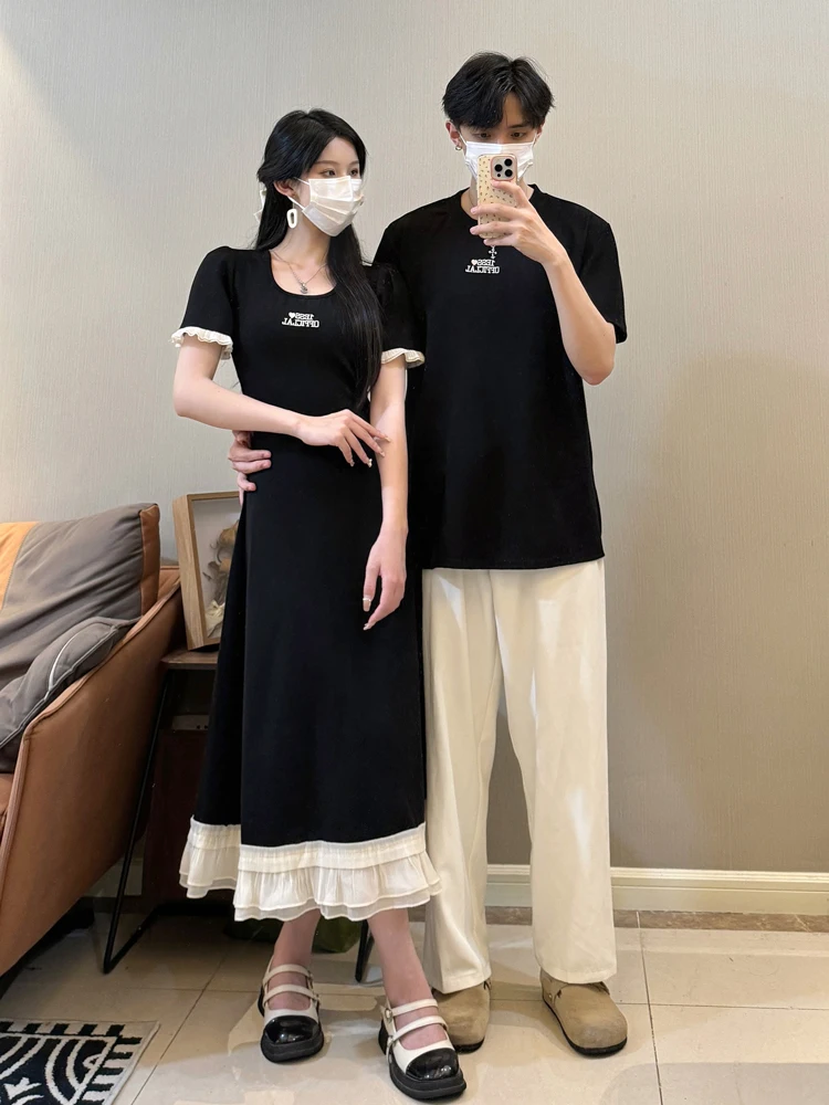 Couples Summer American Short Sleeve T-Shirt Waist Cinching Slimming Hepburn Long Dress Unique Design One Dress One Shirt