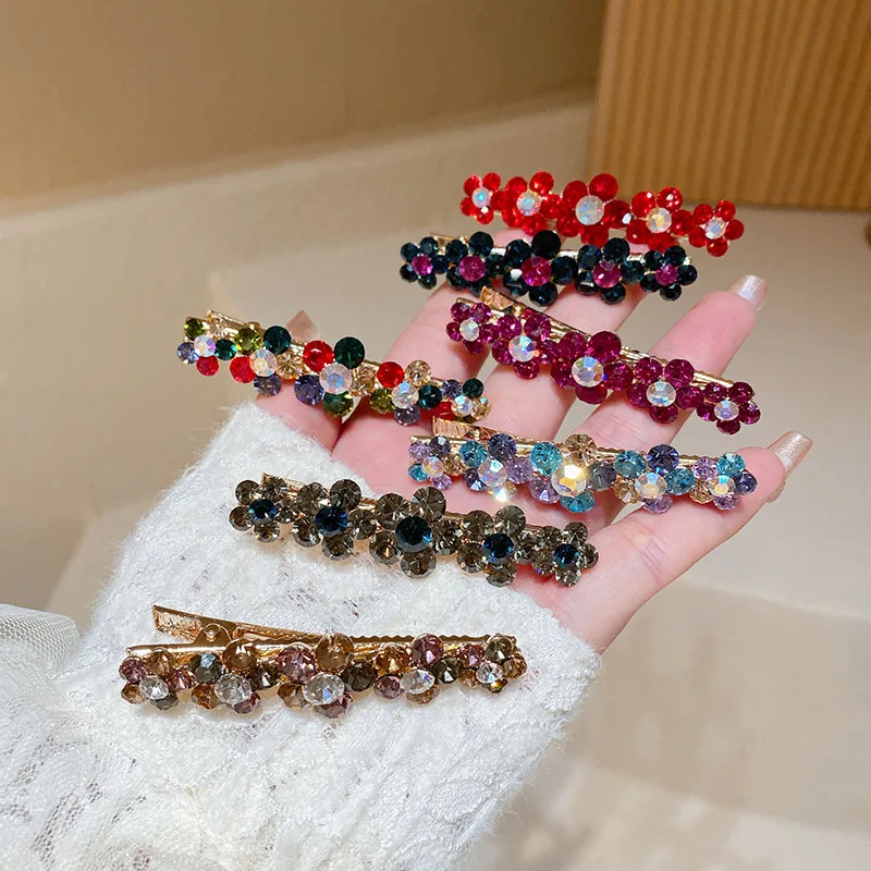 New Fashion Korean Style Alloy Crystal Flowers Duckbill Clip For Girl Women Shining Elegant Side Barrettes Edge Clip Hairpins