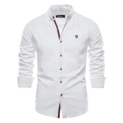 New Spring Summer 100% Cotton Social Shirt Men Solid Color Embroidery Brand Shirts Blouses High Quality White Shirt For Men