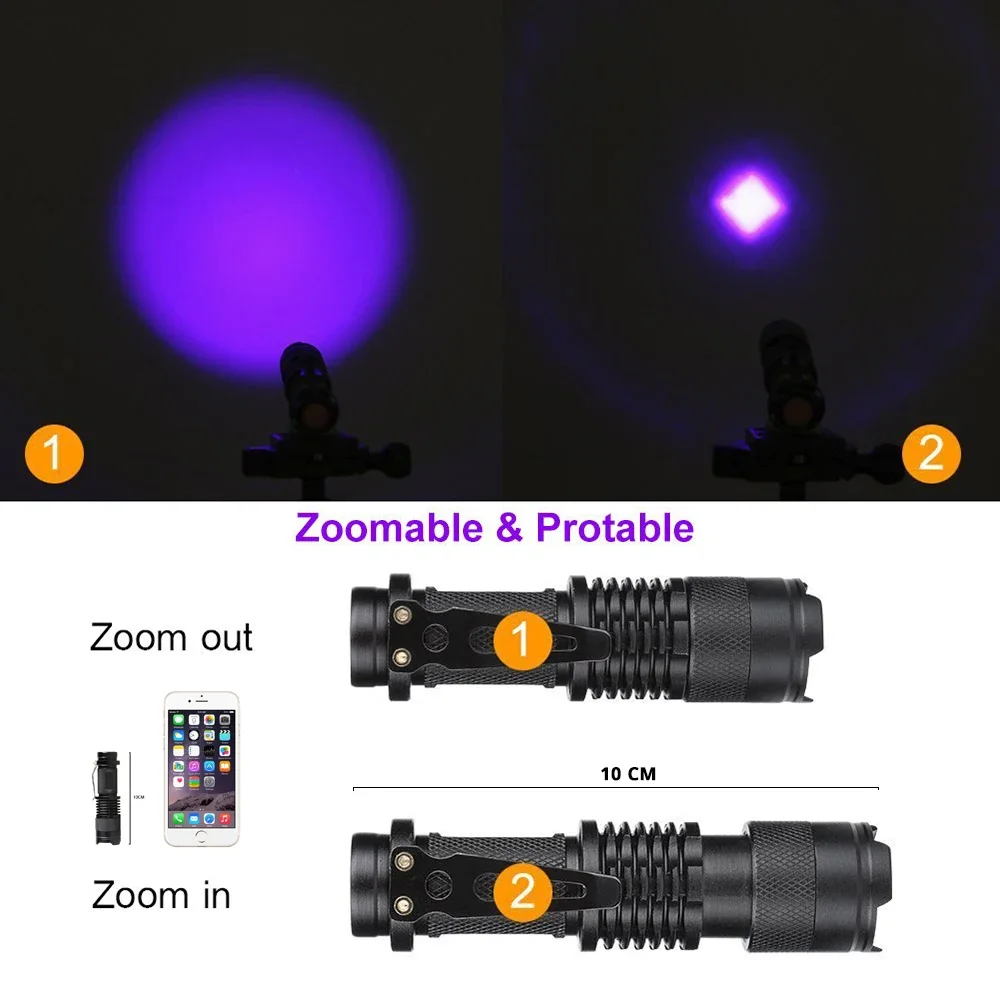 UV ポータブル懐中電灯 365/395nm ブラックライトミニ懐中電灯ズーム LED ウルトラバイオレット懐中電灯蛍光検出トーチ