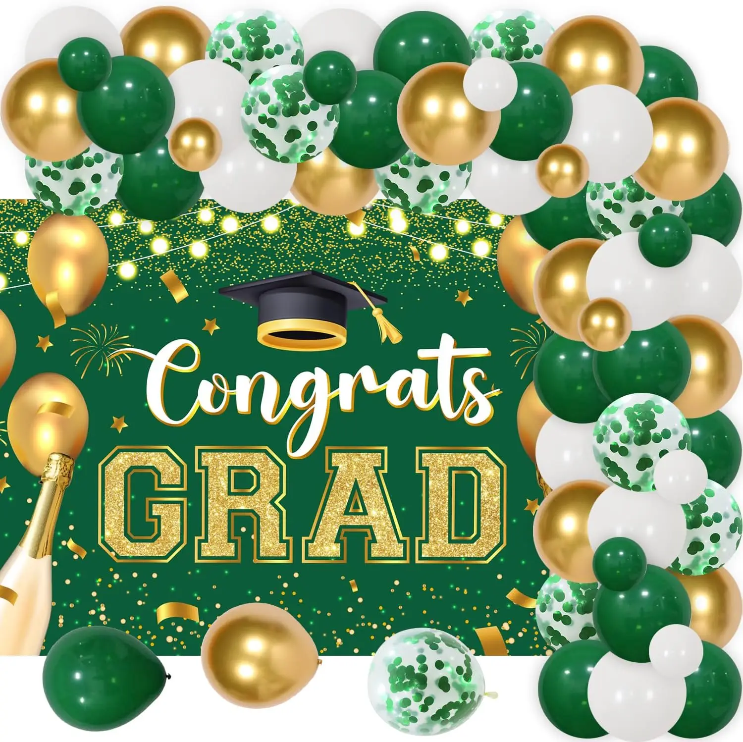 

66Pcs Congrats Grad Decorations 2024, Green Gold Graduation Decor with Congrats Grad Backdrop Silver Balloon Garland Arch Kit