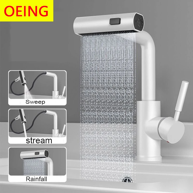 Waterfall Basin Faucet  Stainless steel Bathroom Hot and Cold Mixe Pull Out Can Rotation 3 Function G1/2 Inlet Hose