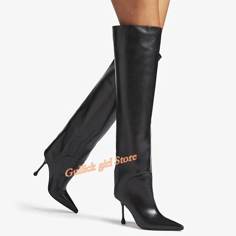 Water Drop Heels Over The Knee Boots Sexy Pointy Toe Grey Black Leather High Heel Boots Slip On Runway Women Dress Shoes