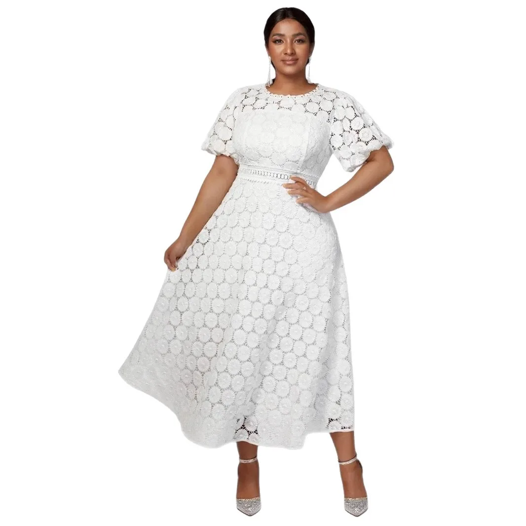 

White Lace Long Women Dresses for Wedding Floral A Line Mid Calf Half Puff Sleeves O Neck High Waist Dress