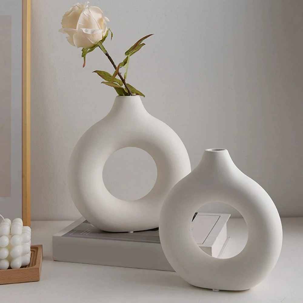 Nordic Vase Circular Hollow Ceramic Donuts Flower Pot Home Living Room Decoration Accessories Interior Office Desktop Decor Gift