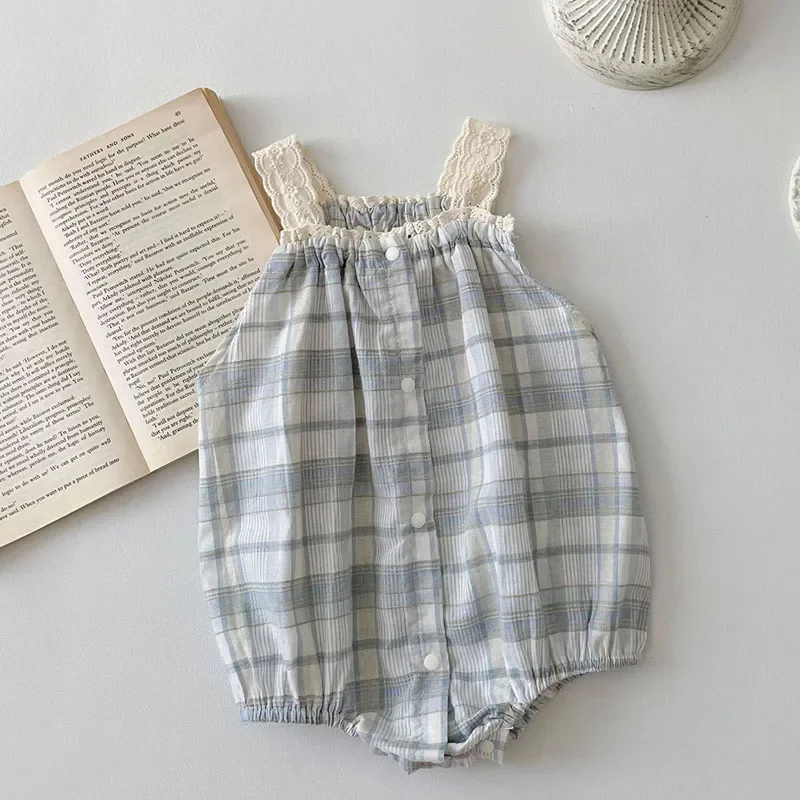 

Baby Body Shirt Baby Summer Plaid Rompers Infant Girls Cute Lace Suspenders One Piece Clothing Optional Tee