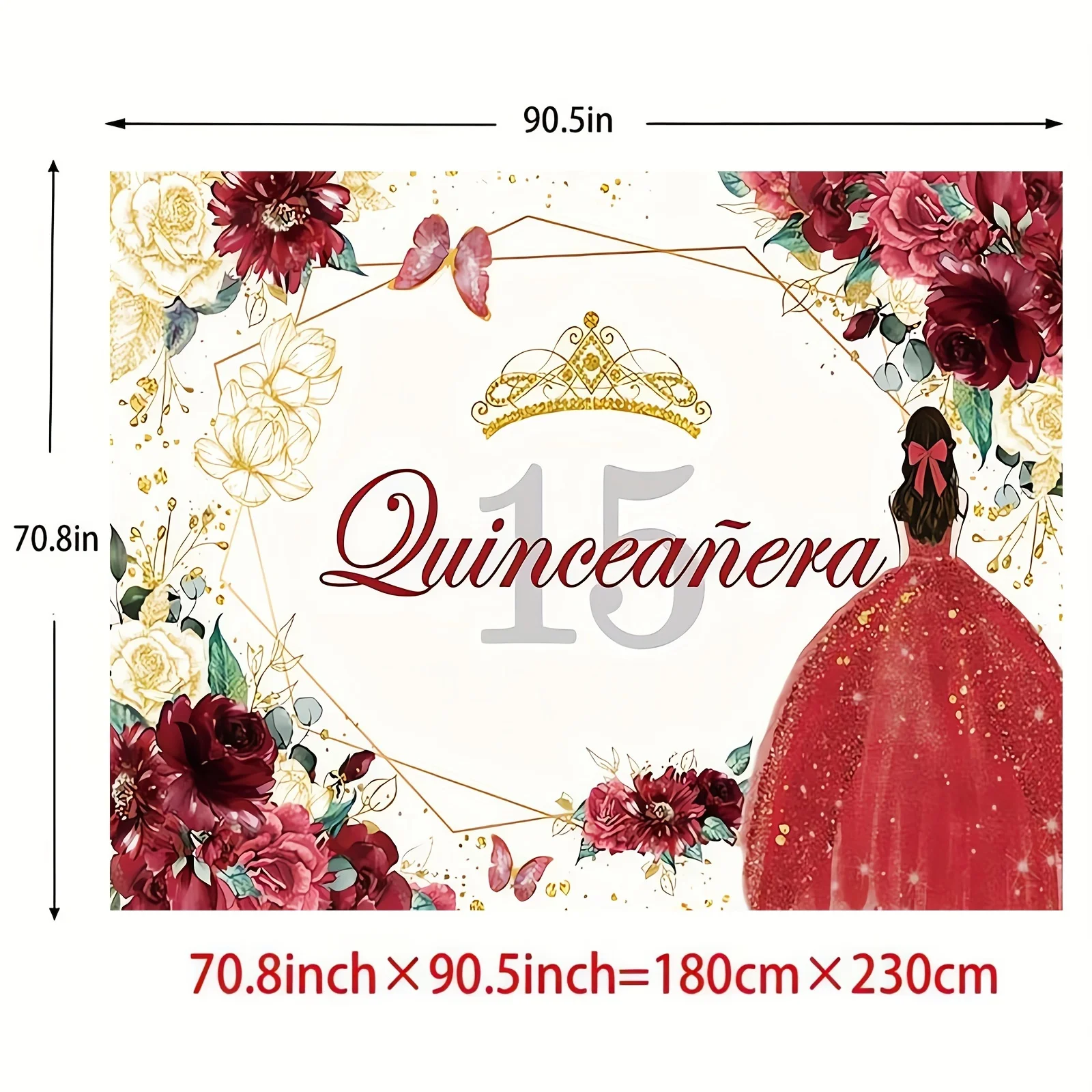 1pc,  Quinceanera 15th Birthday Backdrop For Sweet Mis Quince Anos Party Decorations Red And Gold Glitter Floral Crown Butterfly