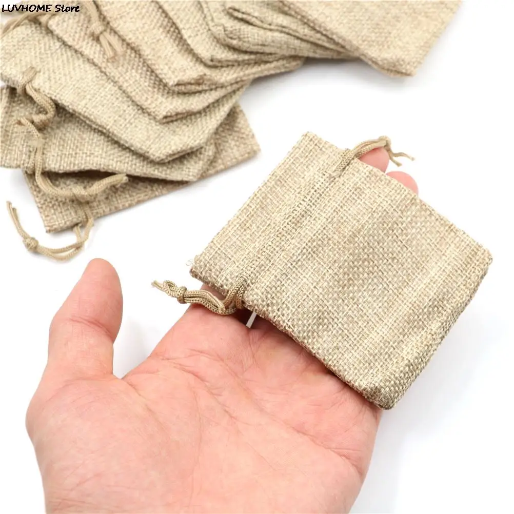 10pcs Small Burlap Jute Sack Linen Pouch Bag Drawstring Wedding Supplies