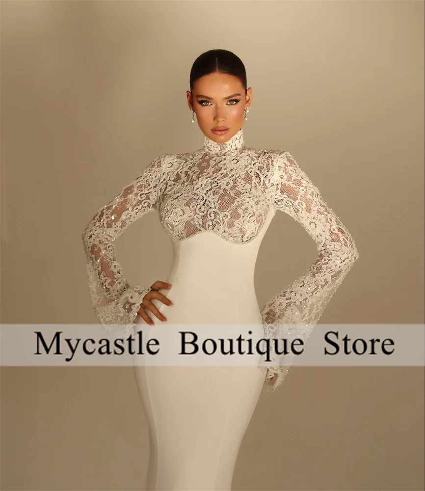 Vintage White Lace Long Sleeves Wedding Dresses 2025 Applique Mermaid High Neck Dubai Bride Dress Lace up Customized