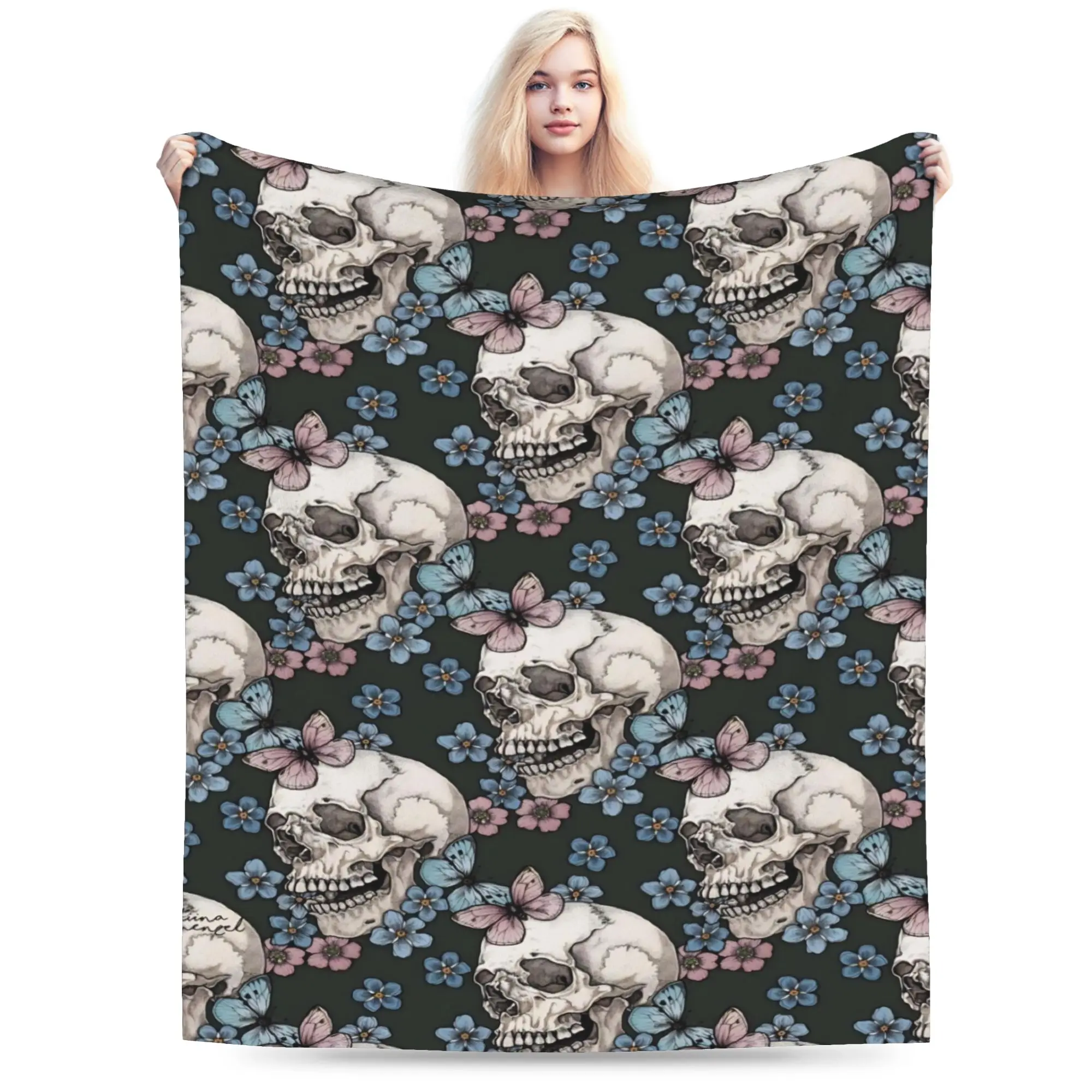 Halloween Skulls And Flowers Gothic Goth Blanket Super Soft Fleece Novelty Gift  Throw Blanket Bedspreads