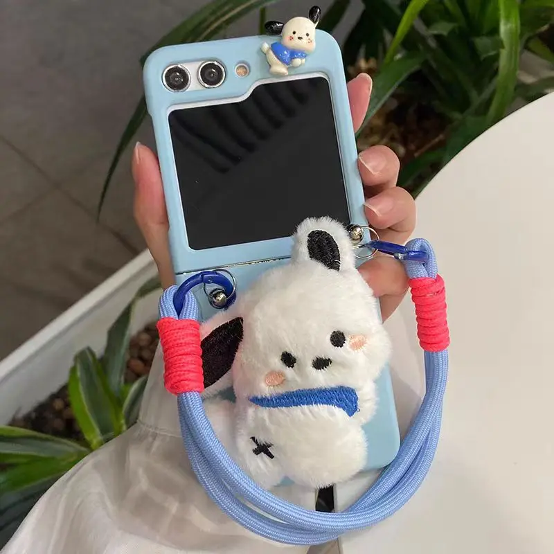 Luxury Furry 3D Cute Dog Holder Phone Case For Samsung Galaxy ZFlip7 Z Flip 6 ZFlip 5 Flip4 3 5G Portable Rope Chain Cover