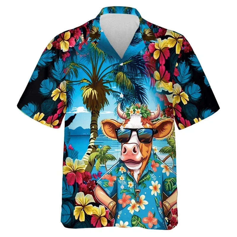 

Funny Animal Cow 3D Printed Beach Shirts For Men Clothes Casual Hawaiian Dairy Cow Short Sleeve Fashion Aloha Lapel Blouse Tops