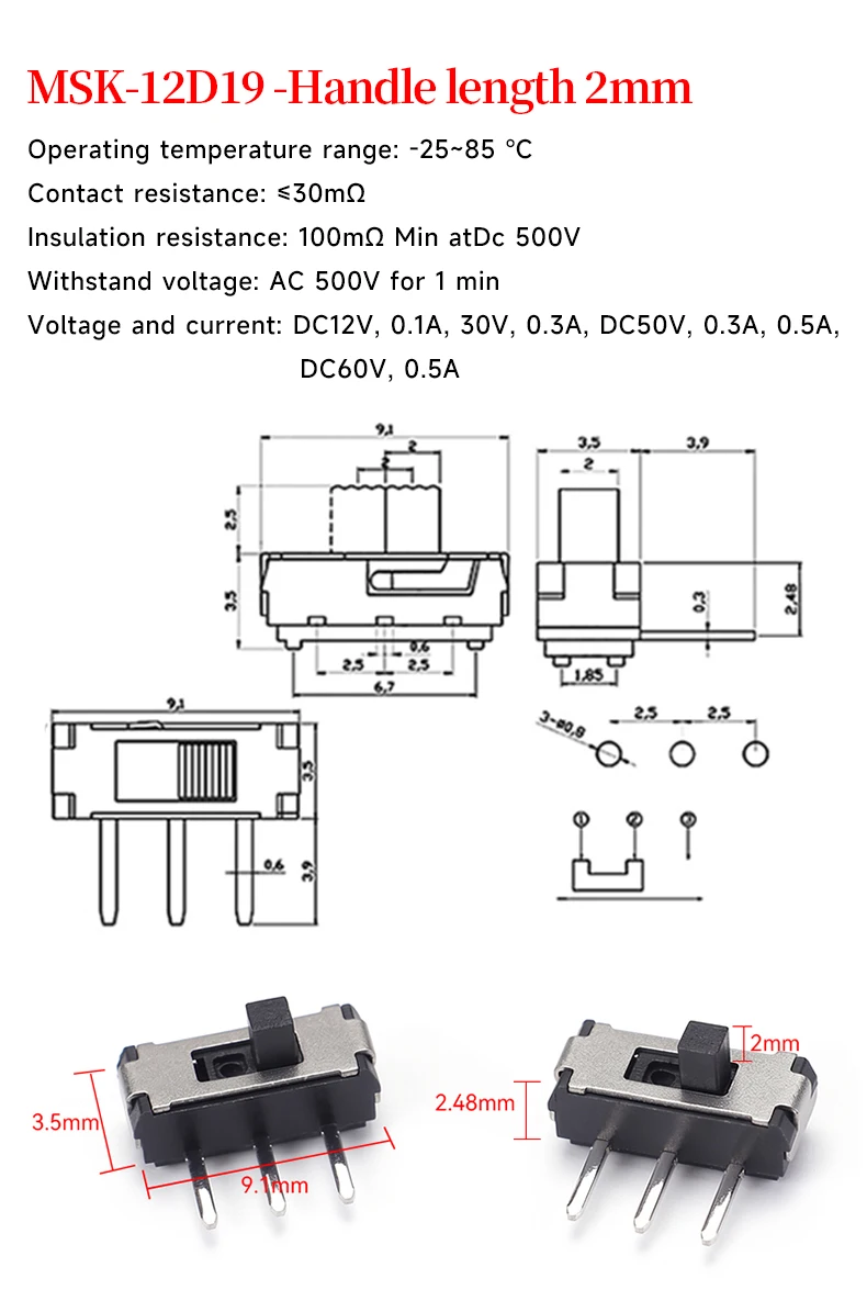 5 Stück MSK-12D19 3-Pin 2-Positionen Einreihiger Horizontaler Netzschalter Miniatur-Kippschalter mit 2mm Horizontaler Grifflänge – Detail 1