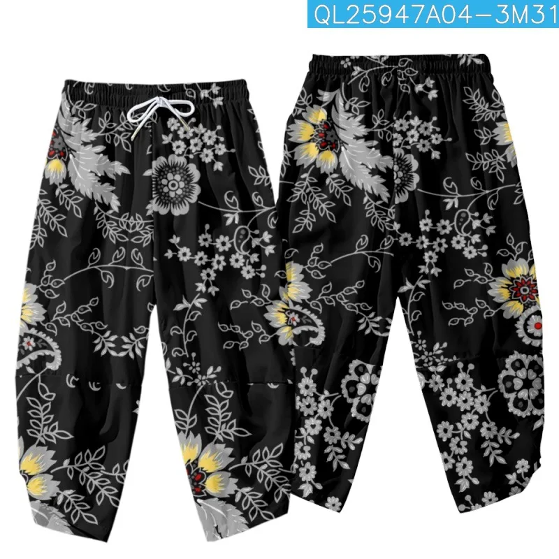 

Flower Printed Black Men Japanese Harem Trousers Casual Elastic Waist Kimono Cropped Pants Streetwear