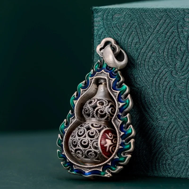925 Silver Creative Enamel Blue-green Flame Rotatable Gourd Pendant Vintage Ethnic Style Necklace for Women Charm Jewelry