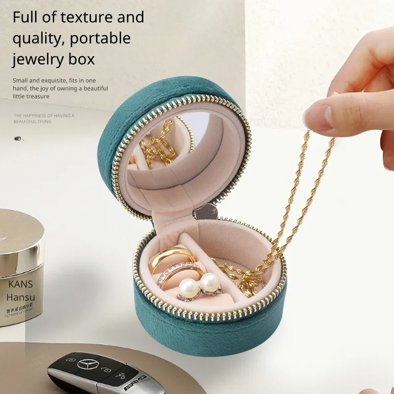 

2 Pcs/set Velvet Jewelry Box Mini Round Zipper Travel Ring Organizer with Mirror Portable Cute