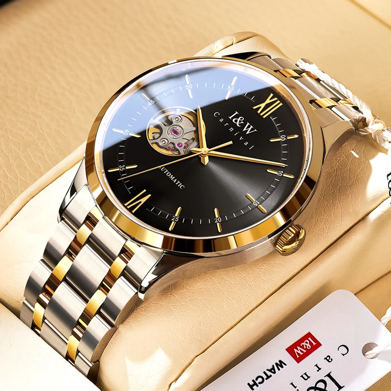 

CARNIVAL Luxury Sapphire Glass Mechanical Watch Men Solid Stainless Steel Waterproof Fashion Classic Automatic Skeleton Watches