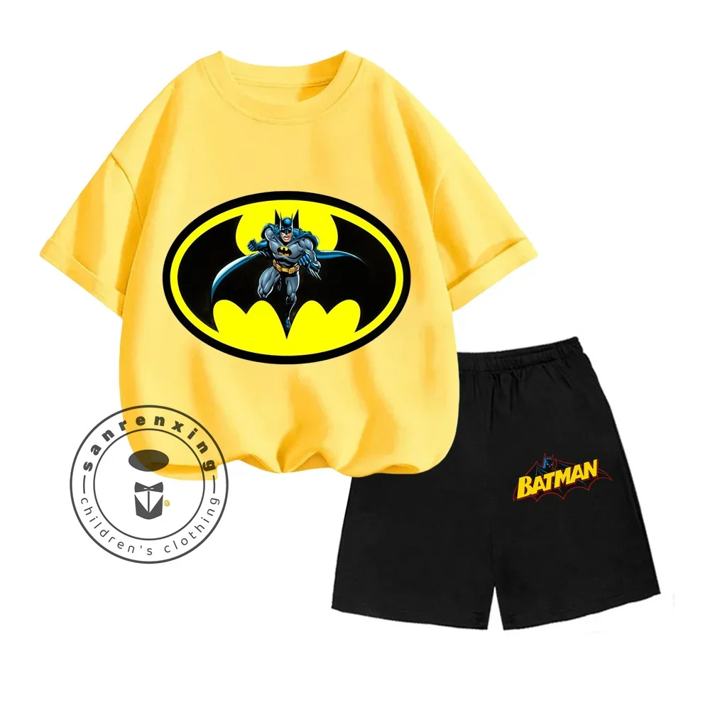 New Batman Anime Series Cartoon Character Print Design O-neck Exquisite Short Sleeves and Shorts Summer Children Two-piece Set