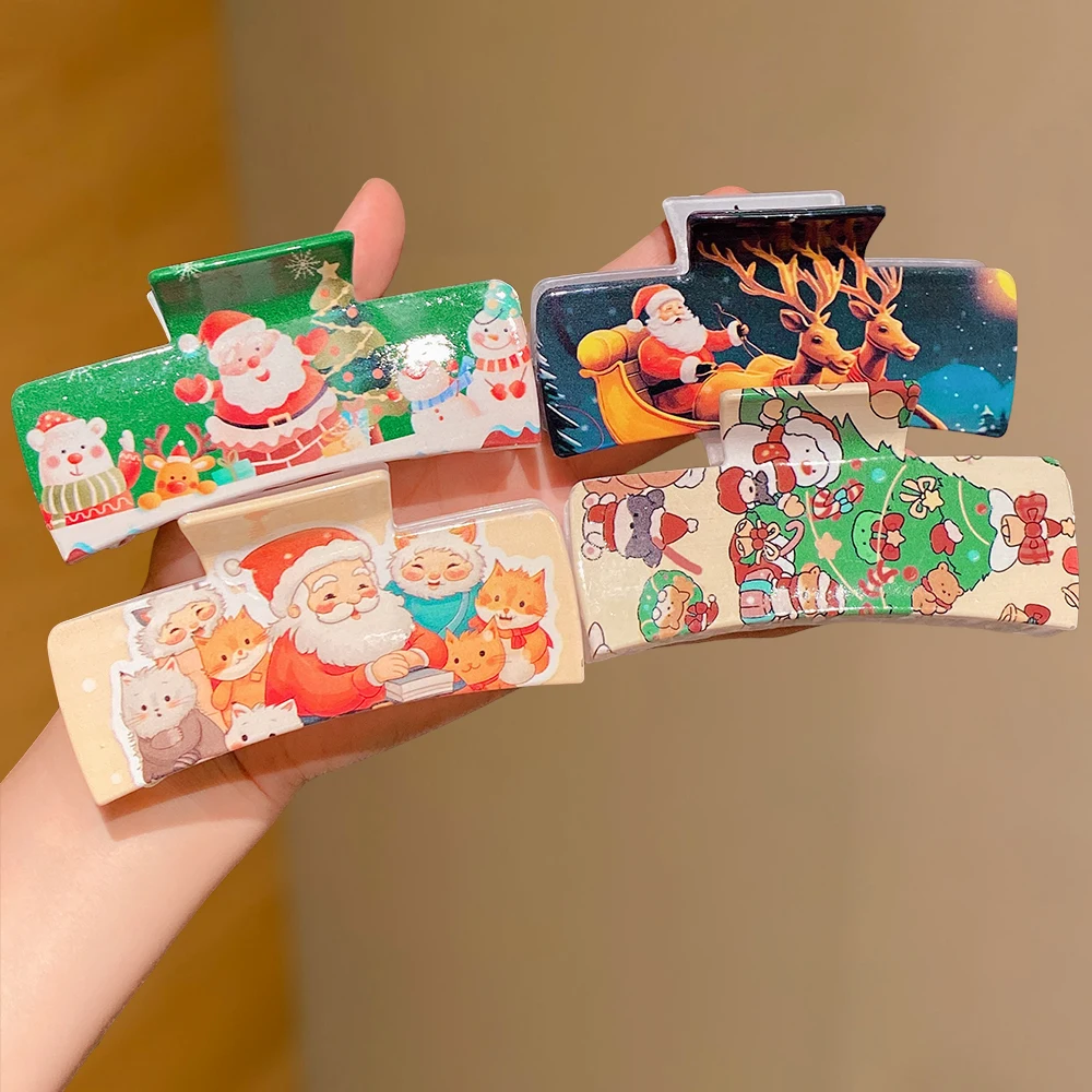 مشابك شعر عيد الميلاد مكونة من قطعتين: مطبوعات سانتا/الرنة/رجل الثلج. قماش، تصفيف الشعر، احتفالي لطيف. جيد لمظهر وهدايا عيد الميلاد.