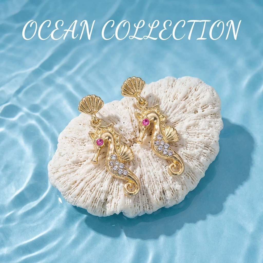Elegante Rosa Klare Strass-Seepferdchen-Ohrhänger für Damen Goldfarbene Muschel-Ohrstecker Nautisches Ozean-Thema Schmuck Sommer-Geschenk – Detail 11