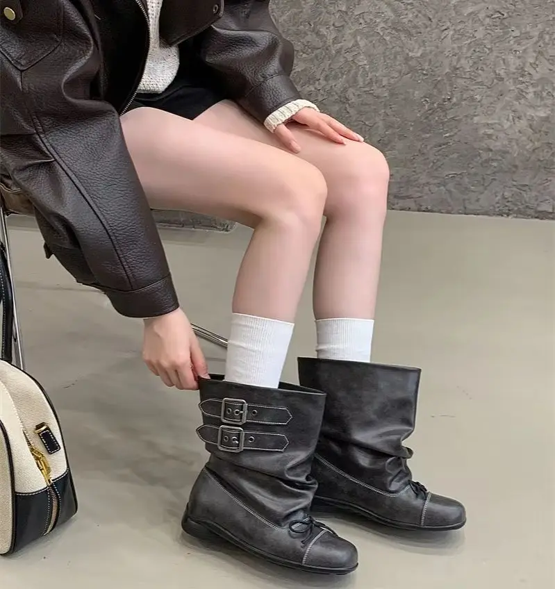 ZAROY Designer Women Ankle Boots Autumn Winter Vintage Punk Buckle Flat Motorcycle Boots Butterfly Knot Modern Chelsea Booties image 6