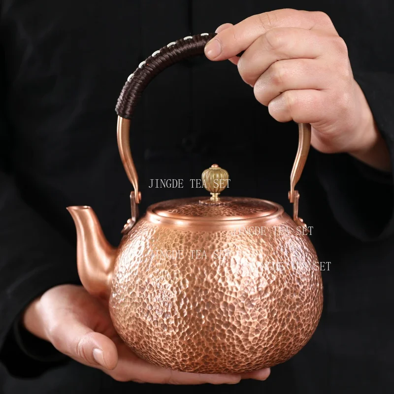 Vintage Hammered Copper Teapot with Anti Scalding Rope Handle Traditional Chinese Kung Fu Water Kettle for Tea Lovers Gift