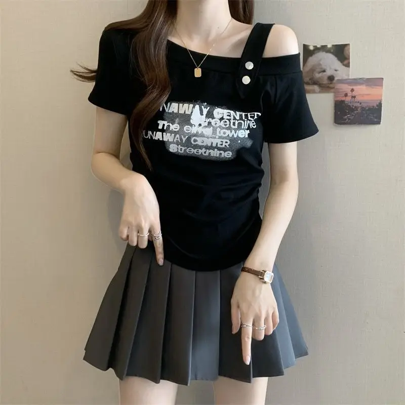 Plus-size Women's Summer New Letter-print Casual Slimming Waist-cinching Slant-collar Off-shoulder Short-sleeve T-shirt