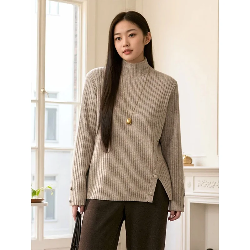 Plus size, 240kg core spun yarn with split ends, woolen woven semi high neck, versatile outerwear sweater 9179