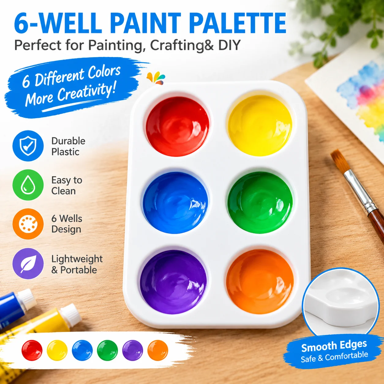 6-Well No-Wash Paint Palette Divided Gouache Watercolor Mixing Tray Detachable Art Plate for Kids Students Artists Art Supplies
