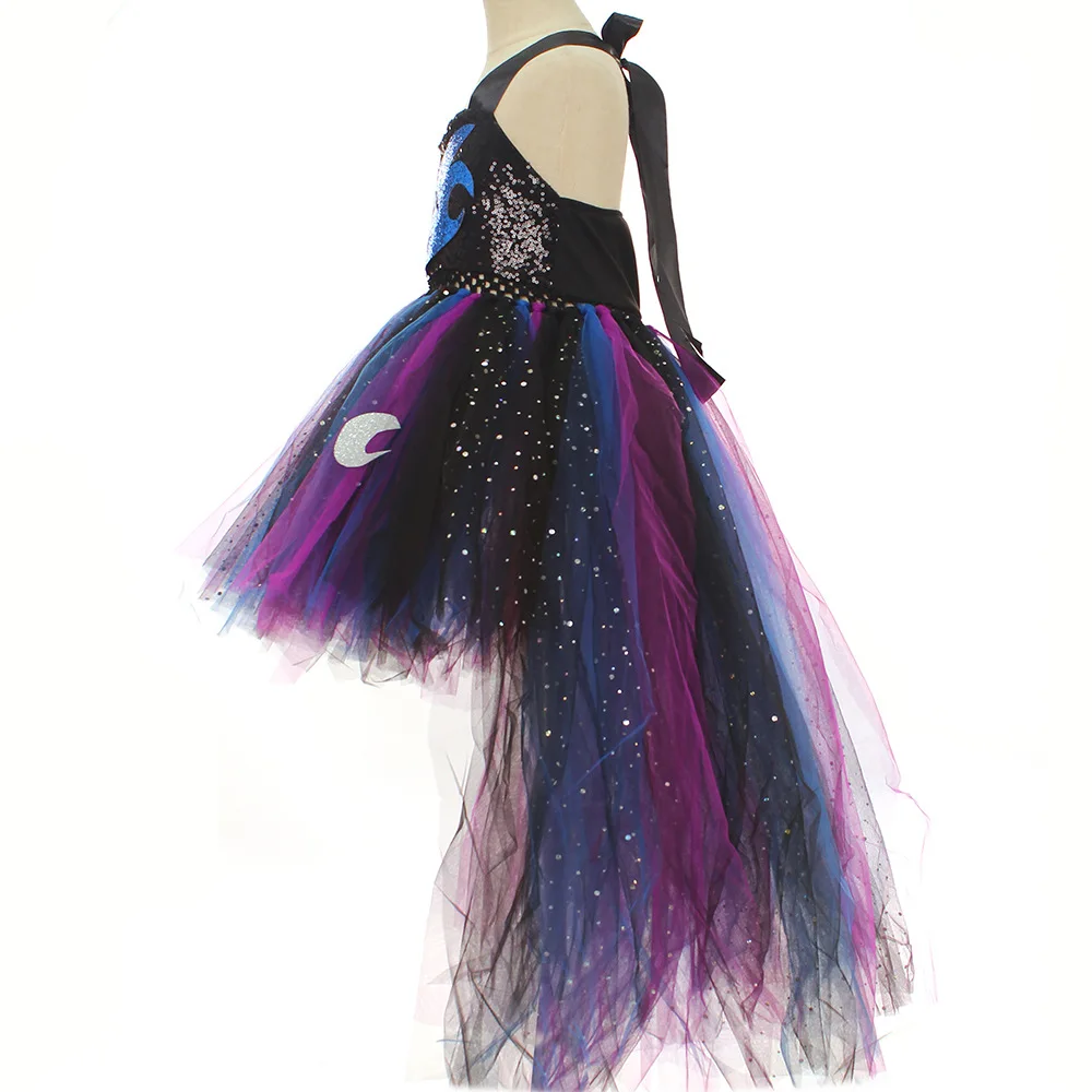 Elegant Black Tulle Gown with Wing Decor And Hair Ornament Fluffy Tiered Princess Style Mesh Dress for Party Outfit