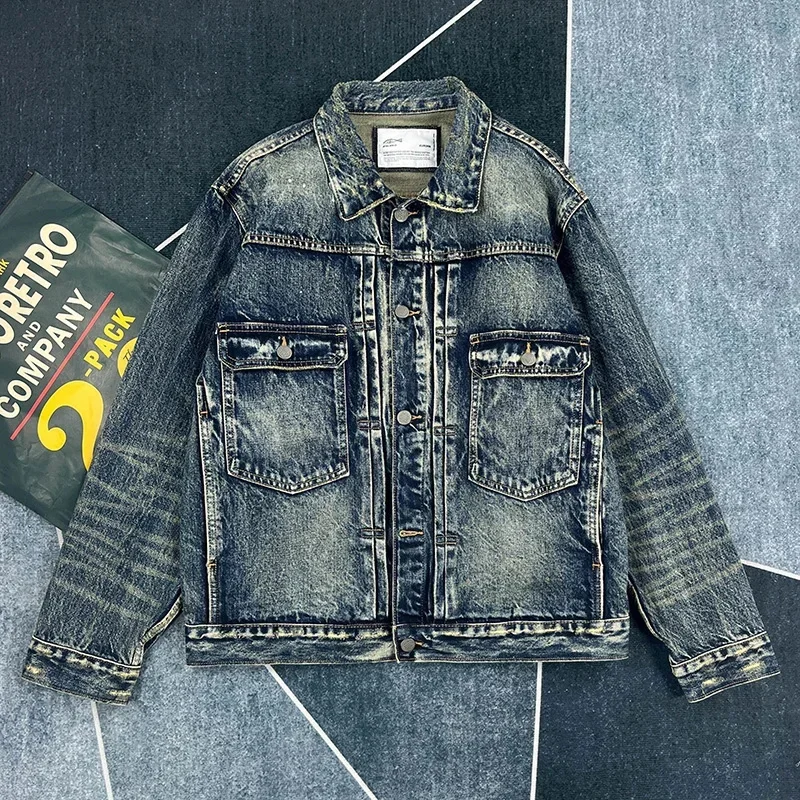 

Весенне-осенняя новая тяжелая старая потертая джинсовая мужская повседневная джинсовая куртка с чернилами и краской, короткая