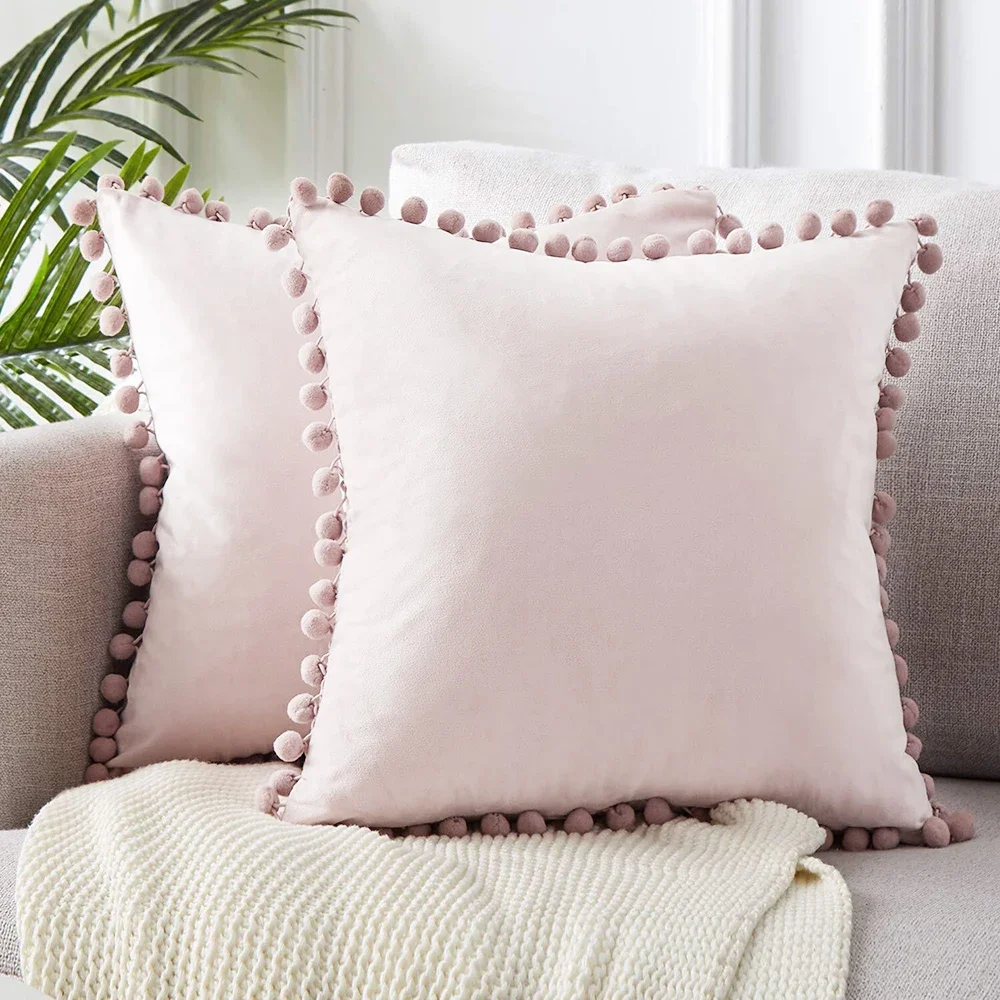 

Velvet Soft Pillowcases Solid Cushion Cover Square Decorative Pillows With Balls For Sofa Bed Car Home Throw Pillow