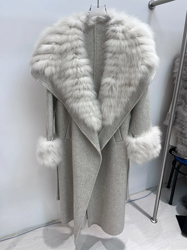 2025 New Women Winter Jacket Natural Fox Fur Collar Long Wool Woolen Coat Ladies Outerwear Streetwear