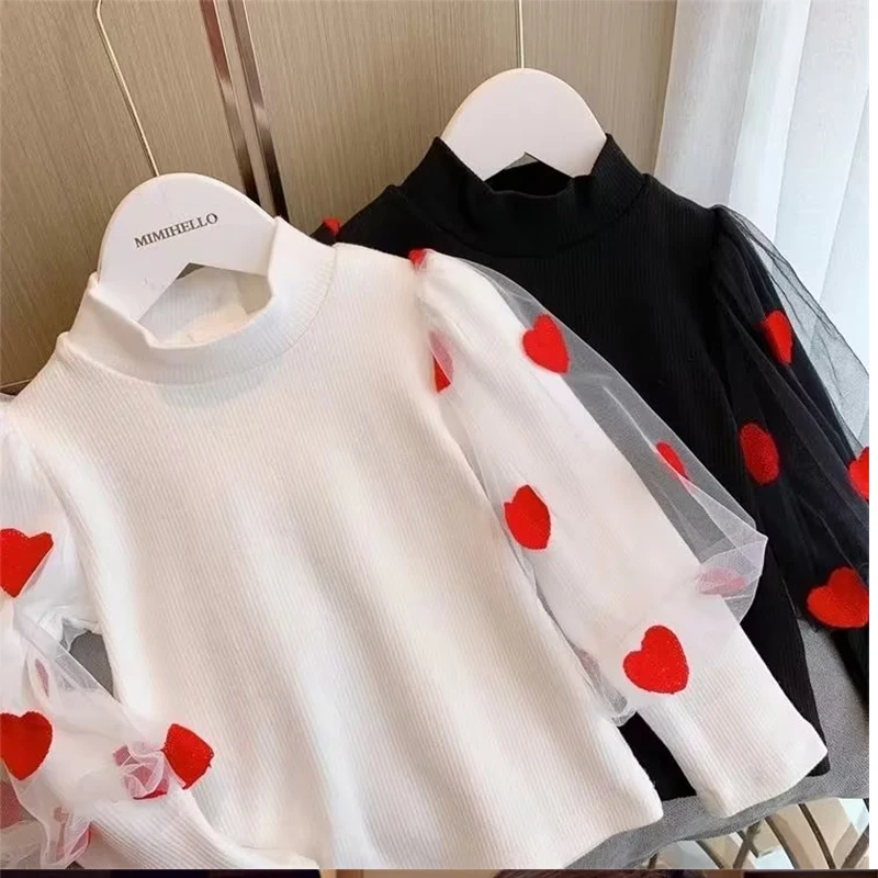 Fashion GirlsTees Puff Long Sleeve Cotton H eart T-shirt Tops Baby Clothes Autumn Pullovers Korean Kids New Children\'s Clothing