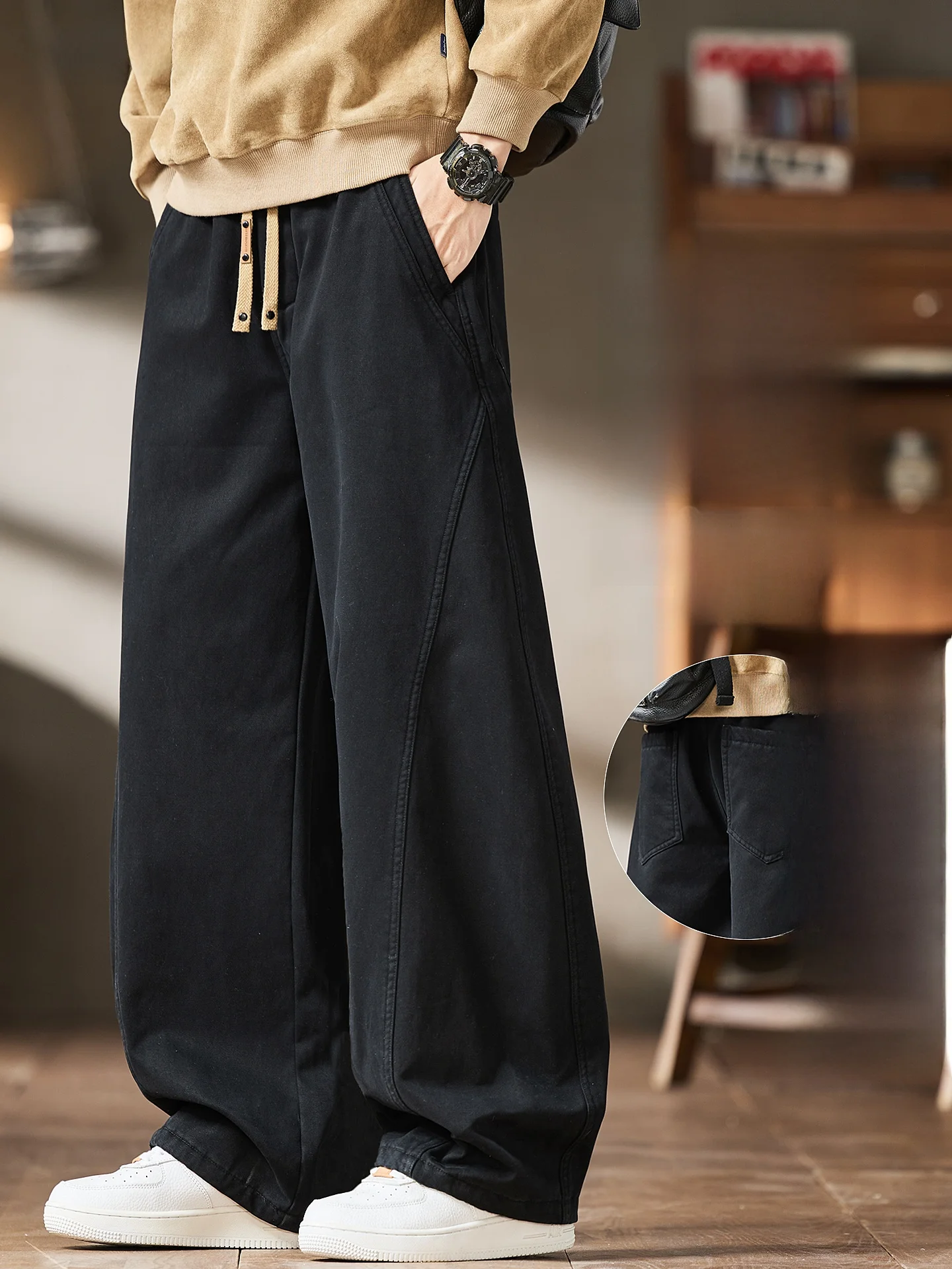 

Мужские рабочие брюки American Sle свободного кроя из утолщенного хлопка, осенне-зимние, прямые, повседневные, черные, с карманами