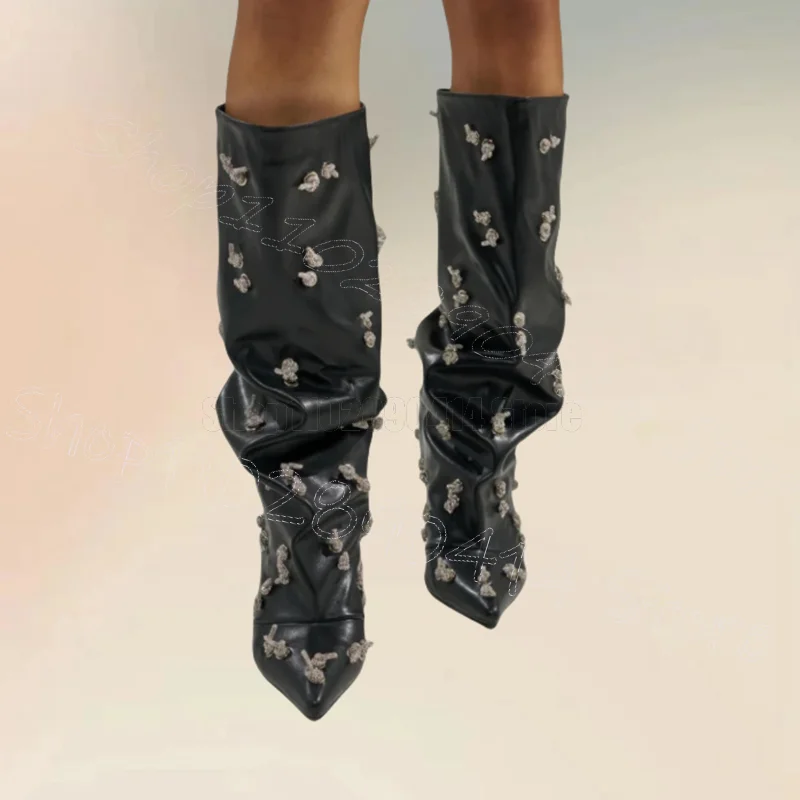 

Crystal Knot Black Pleated Design Pointed Toe Boots Slip On Women Shoes Thin High Heels Party Banquet 2026 Zapatos Para Mujere