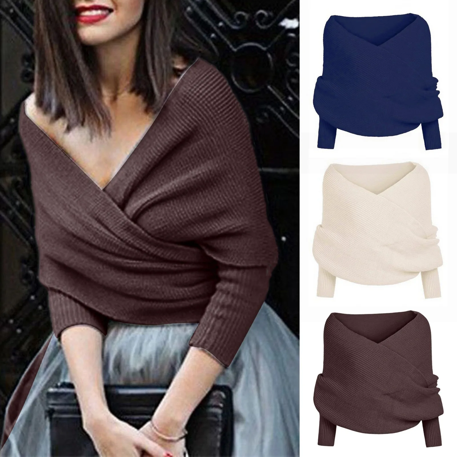 New Women Off The Shoulder Crop Knit Sweater Women Winter Warm Shawl Sweater Tops Cardigan Wool Scarf with Sleeve Wrap Scarvesvv