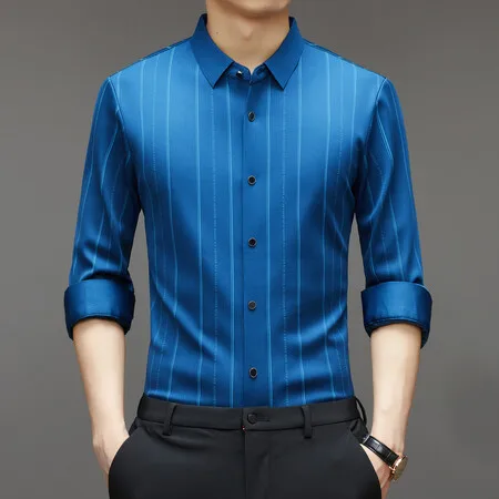 

2024 Men's Youth Business Shirt Iron-Free Design Classic Striped Long-Sleeved Dress Shirt