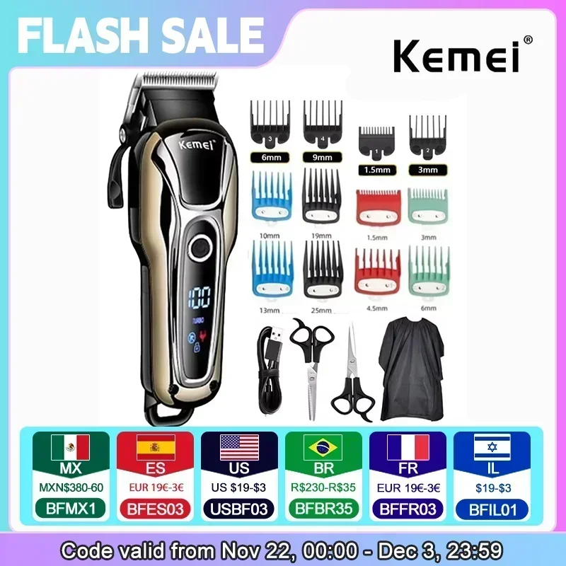 Kemei KM-1990 Hair Clipper Professional Hair Clipper Men's Hair Clipper Electric Trimmer LCD Display Hair Clipper Almighty Set
