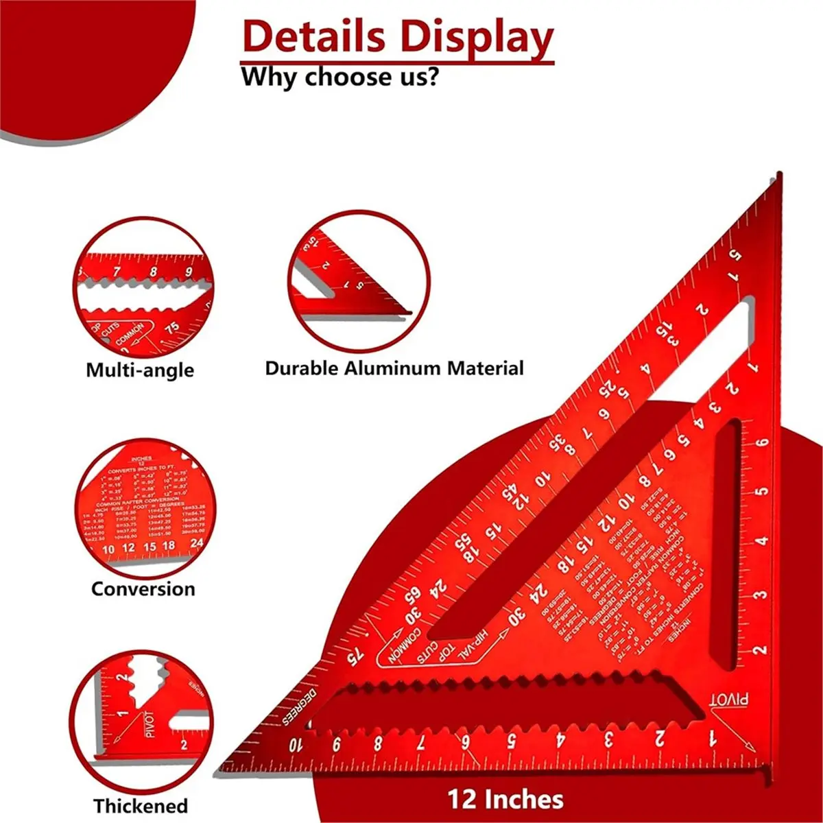 DT35BG Carpenter Square 12 Inch Aluminum Rafter Square Carpenter for Woodworking, Sturdy Angle Drawing Measuring Ruler