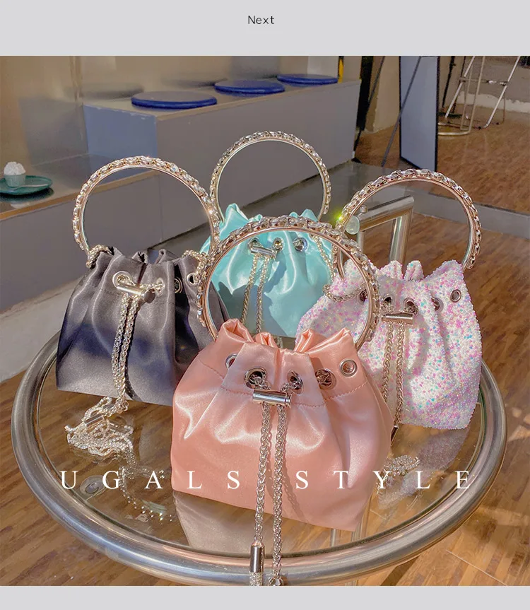 Rhinestone Diamond Tassel Bucket Bag Women Handbag Luxury Metal Ring Handle Satin Evening Clutch Bag Ladies Purse Crossbody Bag