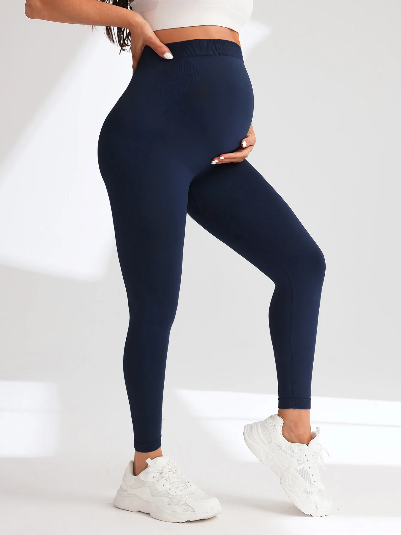 Neue Nahtlose Gestrickte Yoga Hosen Hohe Taille Schwangerschaft Leggings Mutterschaft Kleidung für Schwangere Frauen Bauch Unterstützung Körper Lange Hosen – Detail 13