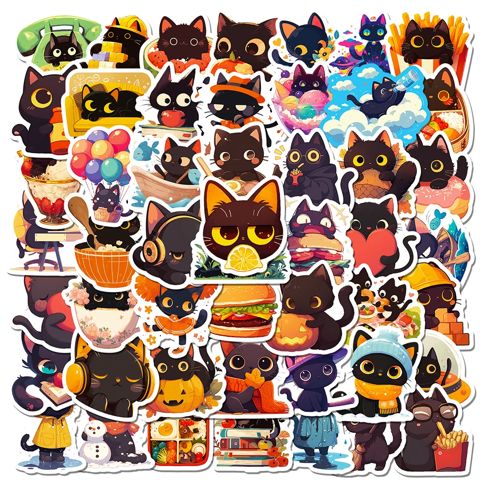 Engraçado dos desenhos animados Black Cat Daily Life Adesivos, Graffiti Kawaii Adesivo para Telefone, Notebook, Laptop, Animal bonito Decalques Brinquedo, 10 pcs, 30 pcs, 50pcs